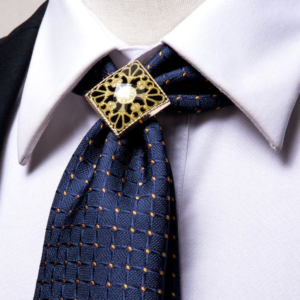 Deep Blue Plaid Golden Point Men's Necktie Pocket Square Cufflinks Set with Tie Buckle