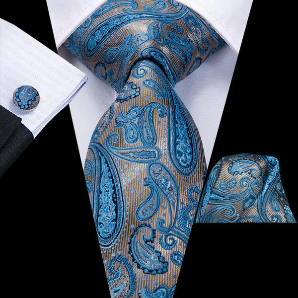 Brown Blue Paisley Tie Pocket Square Cufflinks Set