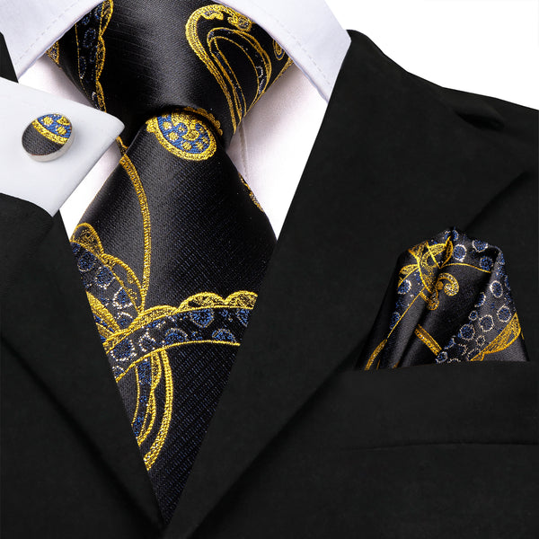 Black Golden Novelty Men's Necktie Pocket Square Cufflinks Set
