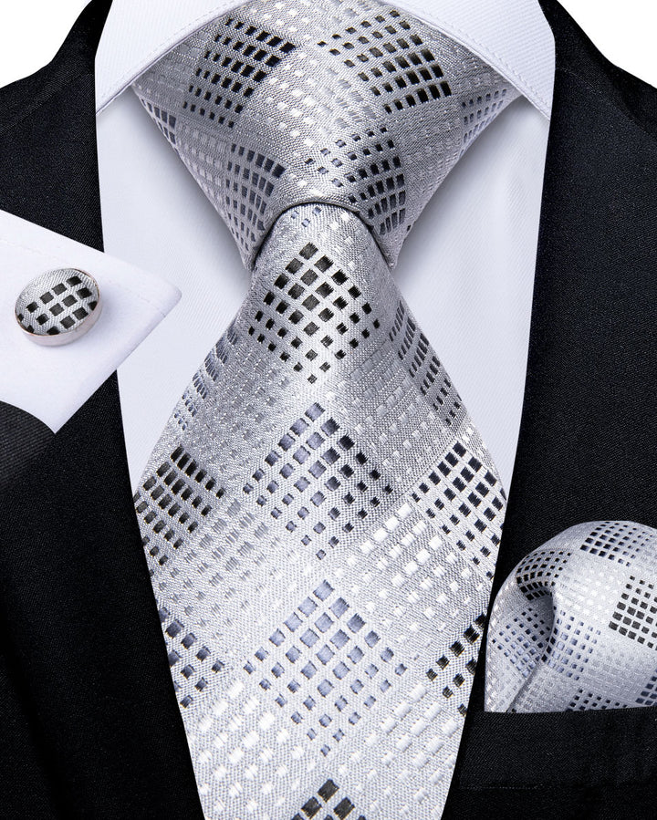 Silver White Plaid Silk ties for black suits