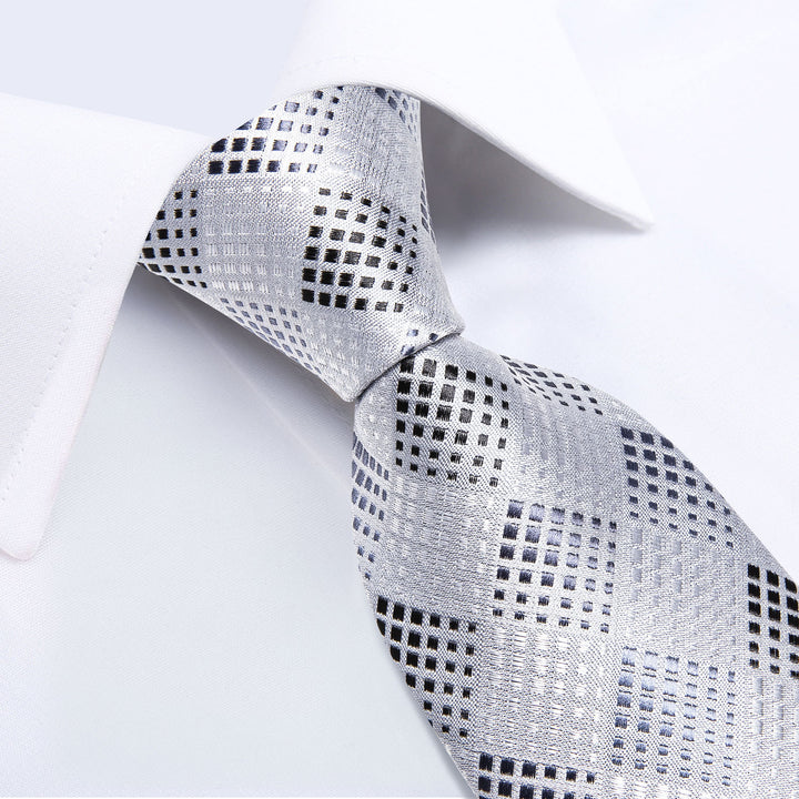 Silver White Plaid Silk Men's silk printed ties