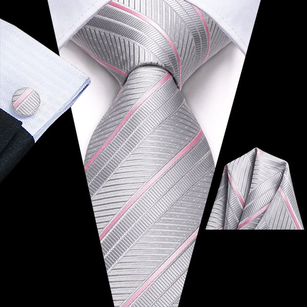 Light Grey Striped 70 Inch Extra Long Men's Tie Handkerchief Cufflinks Set