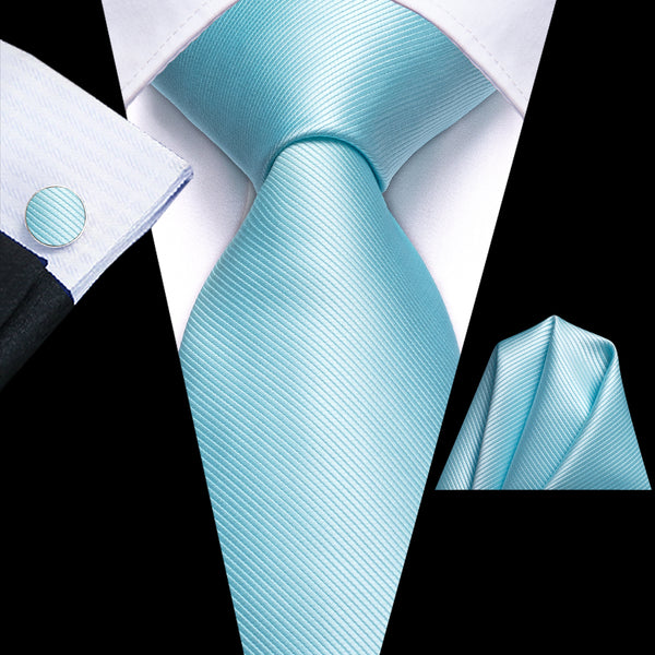 Ties2you Men's Silk Tie Baby Blue Solid Tie Handkerchief Cufflinks Set