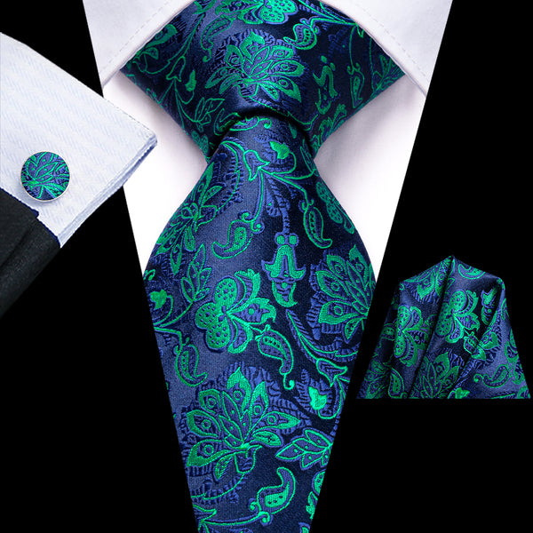 Dark Blue Floral Men's Tie Handkerchief Cufflinks Set