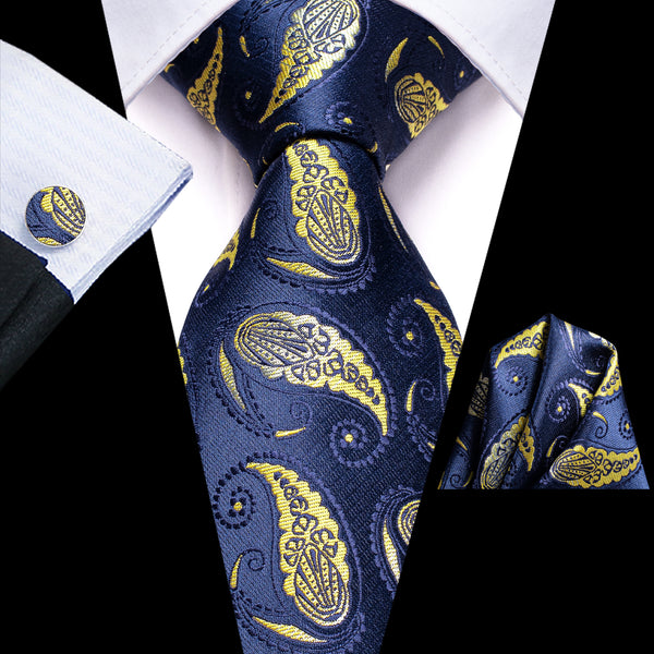 Blue Yellow Paisley Men's Tie Handkerchief Cufflinks Set