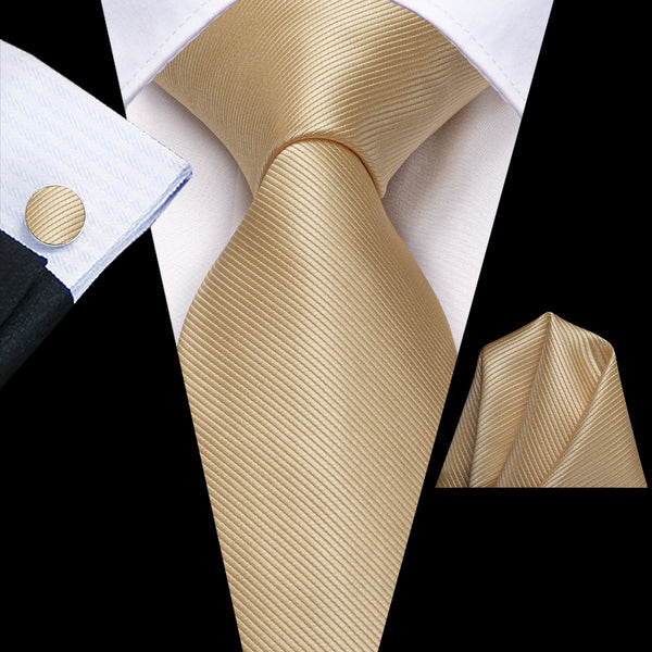 Champagne Solid Silk Men's Necktie Hanky Cufflinks Set