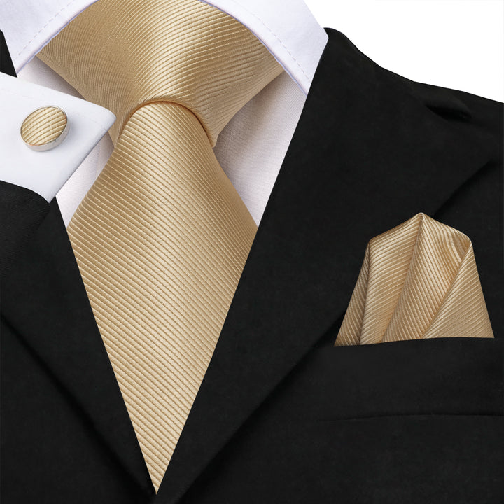 Champagne Solid Silk Men's Necktie Hanky Cufflinks Set