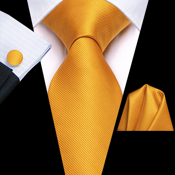 Golden Solid Silk Men's Necktie Hanky Cufflinks Set