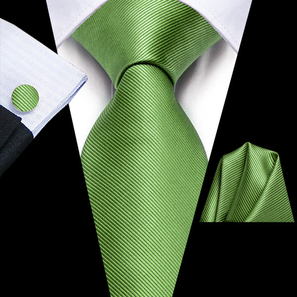 Green Solid Silk Men's Necktie Hanky Cufflinks Set