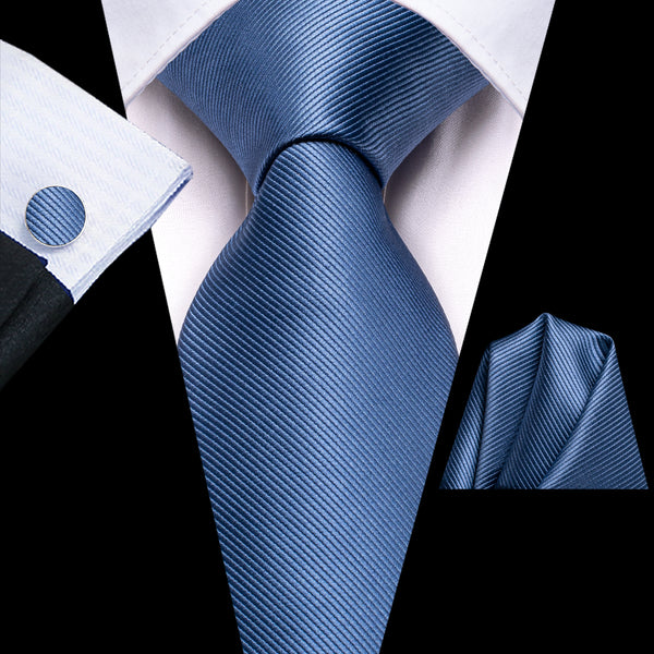 Denim Blue Solid Silk Men's Necktie Hanky Cufflinks Set