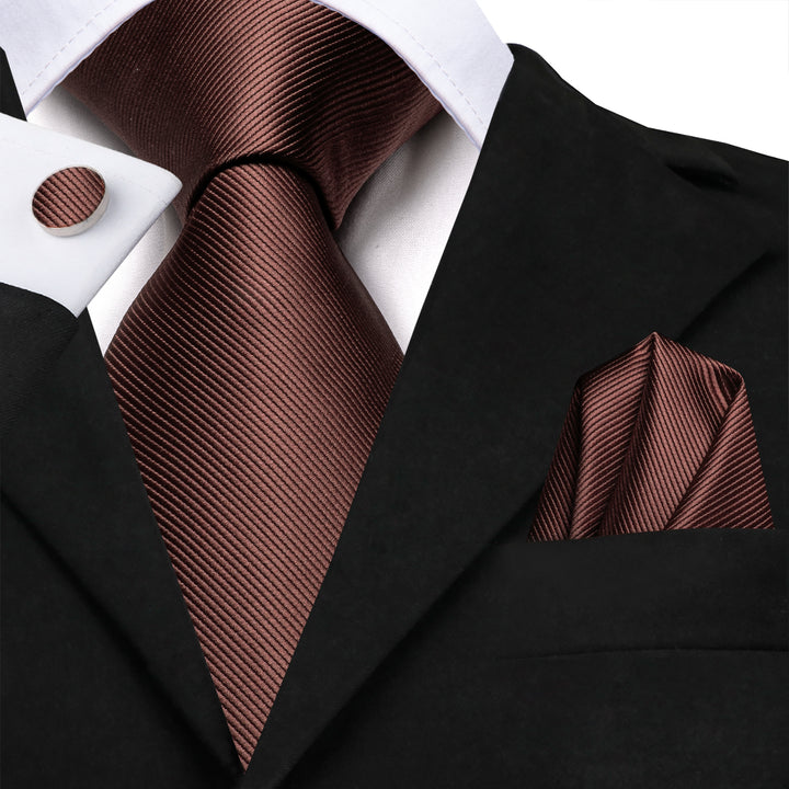 Chocolate Brown Solid Silk Men's Necktie Hanky Cufflinks Set