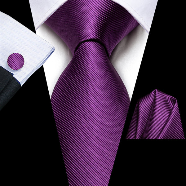 New Dark Purple Solid Silk Men's Necktie Hanky Cufflinks Set