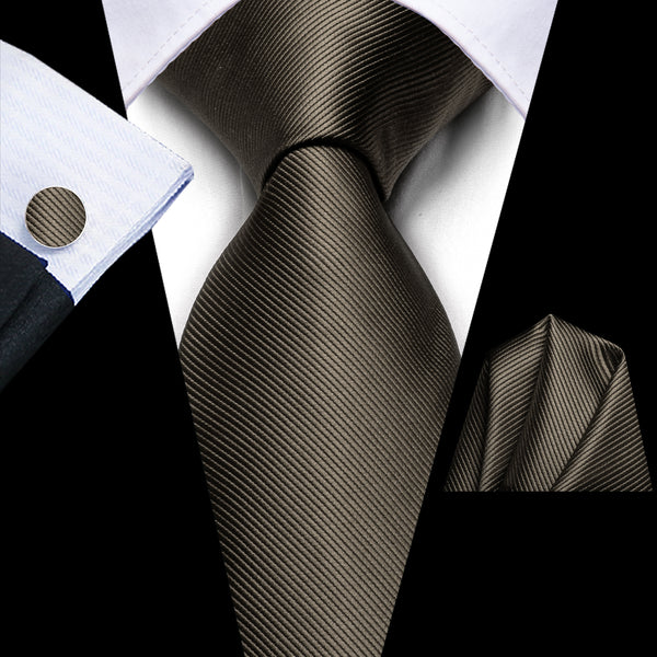 Chocolate Grey Solid Silk Men's Necktie Hanky Cufflinks Set