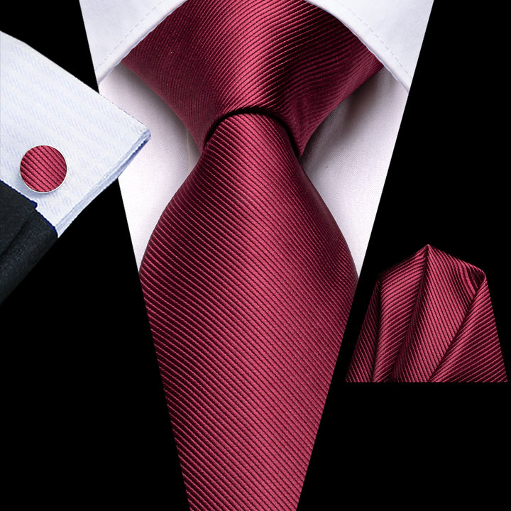 Burgundy Red Solid Silk Men's Necktie Hanky Cufflinks Set
