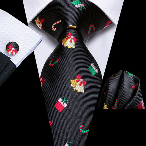 Black Christmas Gift Pattern Novelty Men's Necktie Hanky Cufflinks Set