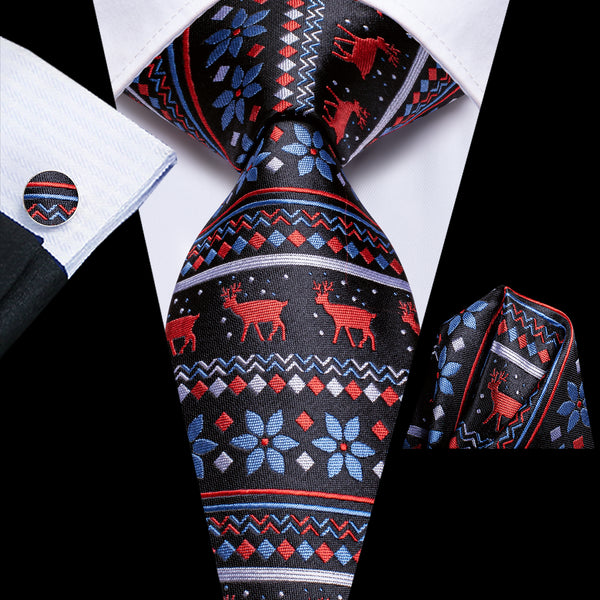 Christmas Black Deer Snowflake Pattern Novelty Men's Necktie Hanky Cufflinks Set