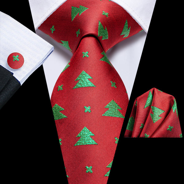 Christmas Red Green Xmas Tree Pattern Novelty Men's Necktie Hanky Cufflinks Set