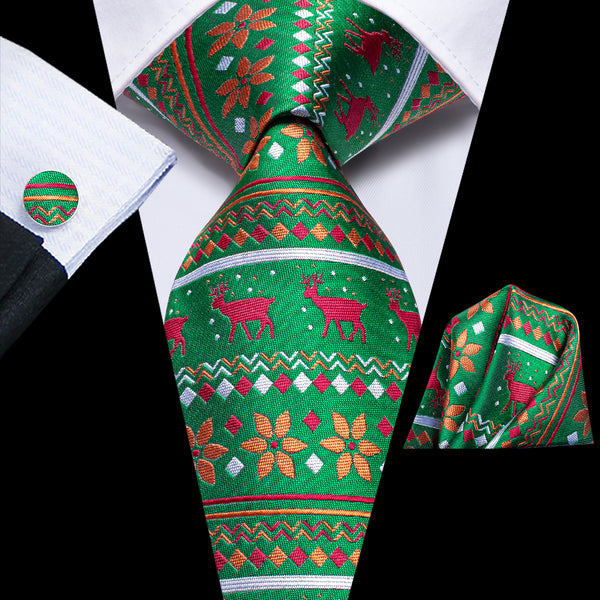 Christmas Green Deer Snowflake Pattern Novelty Men's Necktie Hanky Cufflinks Set