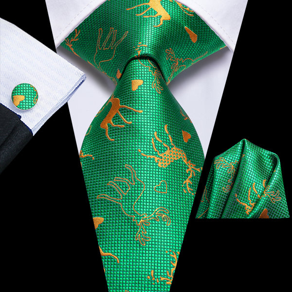 Christmas Green Deer Pattern Novelty Men's Necktie Hanky Cufflinks Set