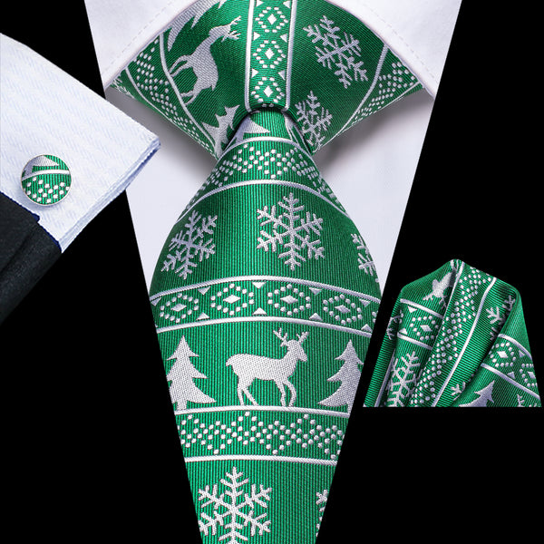 Christmas Green White Deer Snowflake Pattern Novelty Men's Necktie Hanky Cufflinks Set