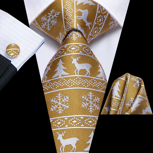 Christmas Golden White Deer Snowflake Pattern Novelty Men's Necktie Hanky Cufflinks Set