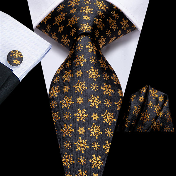 Christmas Black Golden Snowflake Pattern Novelty Men's Necktie Hanky Cufflinks Set