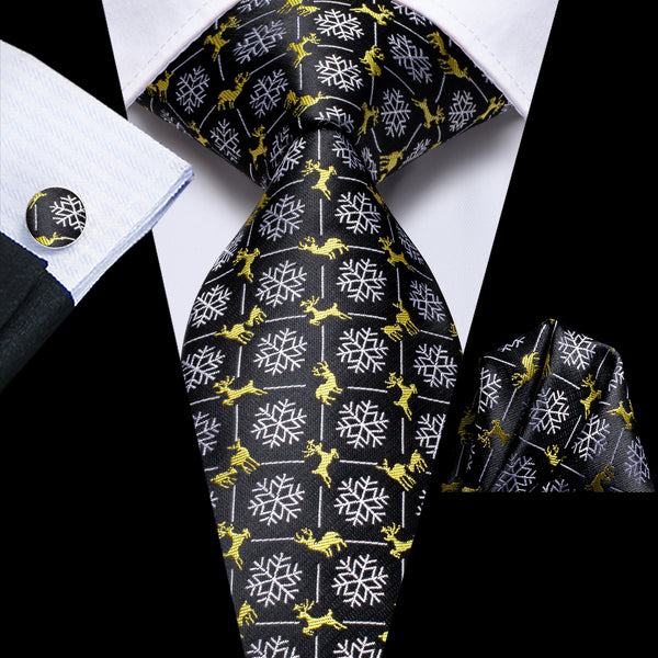 Christmas Black White Deer Pattern Novelty Men's Necktie Hanky Cufflinks Set