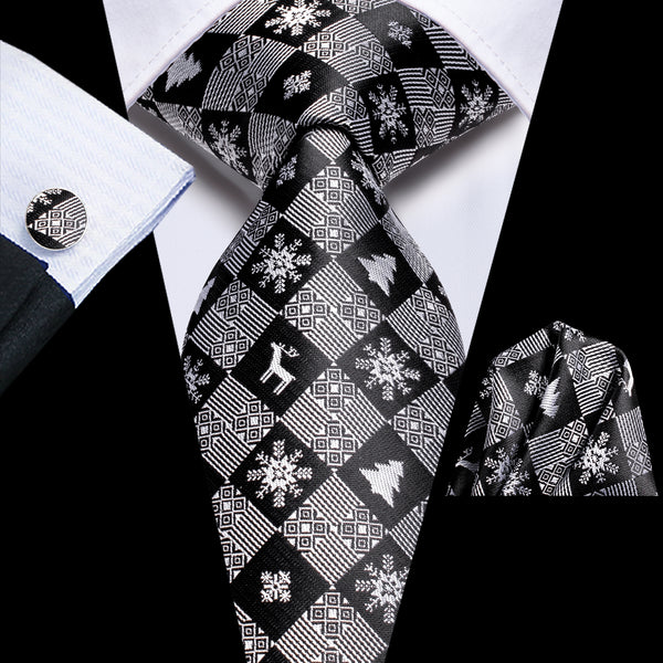 Christmas Black Grey Novelty Men's Necktie Hanky Cufflinks Set