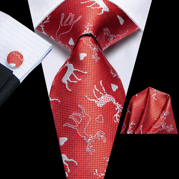 Christmas Red Deer Novelty Men's Necktie Hanky Cufflinks Set