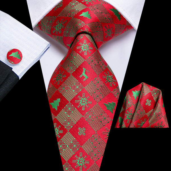 Christmas Red Green Deer Pattern Novelty Men's Necktie Hanky Cufflinks Set