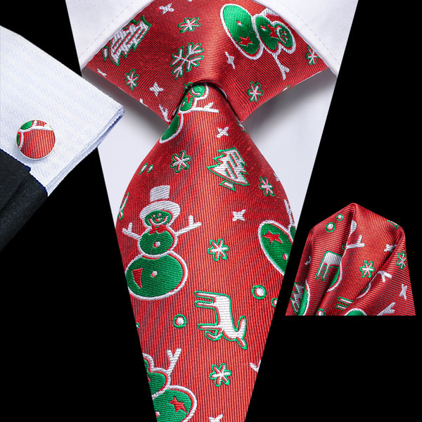 Christmas Red Green Snowman Pattern Novelty Men's Necktie Hanky Cufflinks Set