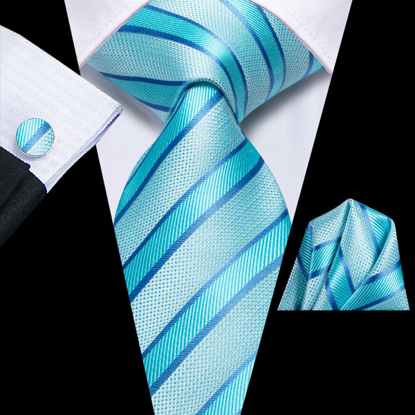 New Sky Blue Striped Men's Necktie Hanky Cufflinks Set
