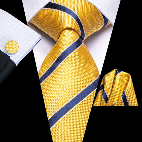 Yellow Blue Striped Silk Men's Necktie Pocket Square Cufflinks Set