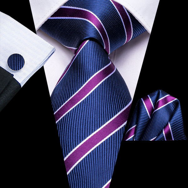Classic Blue Red Striped Silk Men's Necktie Pocket Square Cufflinks Set