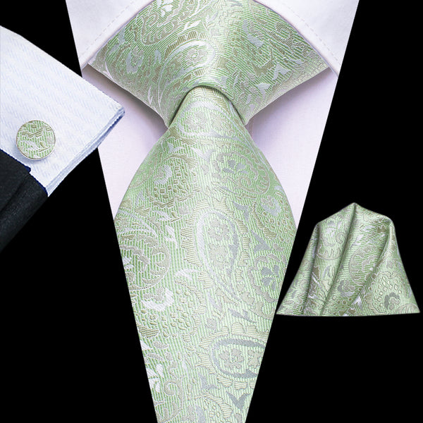 Baby Green Paisley Silk Men's Necktie Pocket Square Cufflinks Set