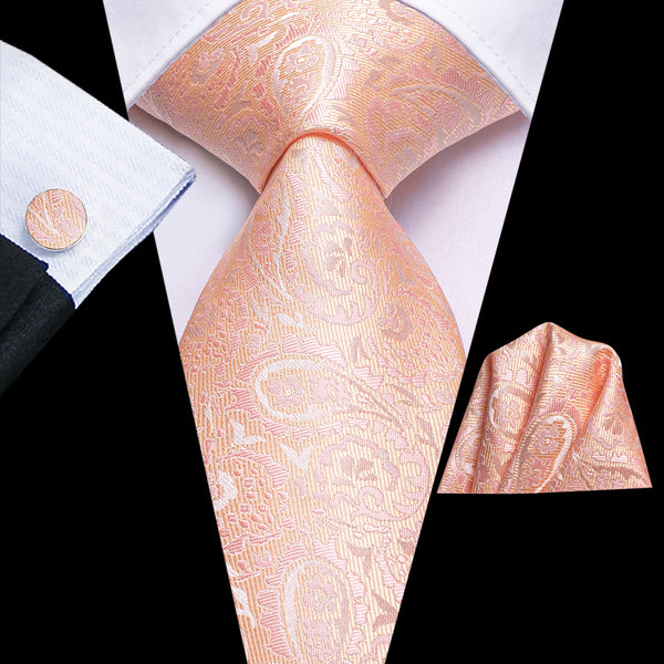 Flesh Pink Paisley Silk Men's Necktie Pocket Square Cufflinks Set