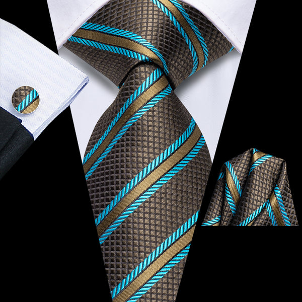 Brown Blue Striped Tie Pocket Square Cufflinks Set