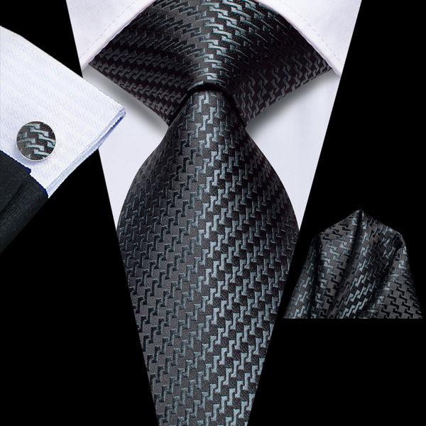 Black Grey Striped Tie Pocket Square Cufflinks Set