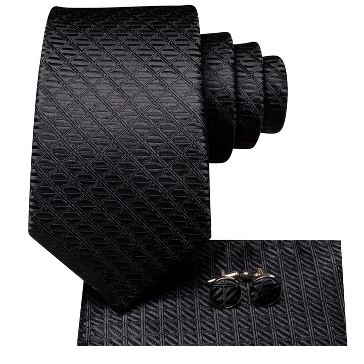 Black Plaid Tie Pocket Square Cufflinks Set