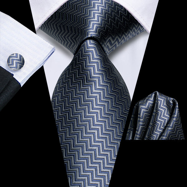 Blue Grey Striped Tie Pocket Square Cufflinks Set