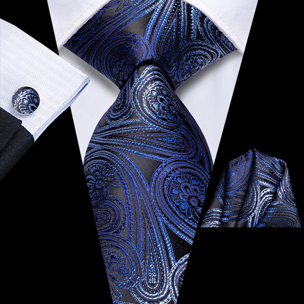 Blue Black Paisley Tie Pocket Square Cufflinks Set