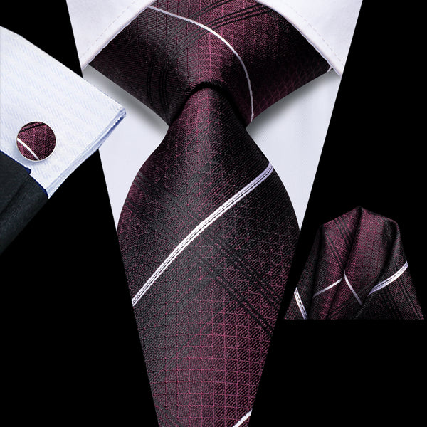 Burgundy Black Striped Tie Pocket Square Cufflinks Set