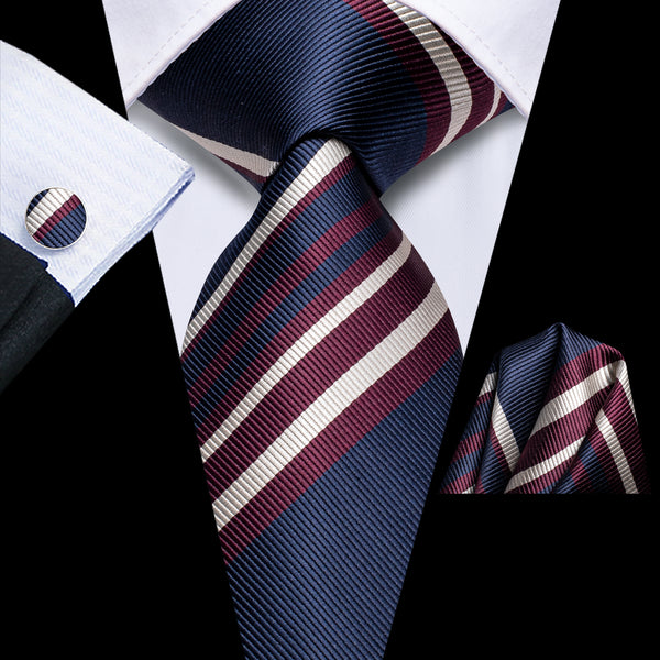 Blue Burgundy Striped Tie Pocket Square Cufflinks Set