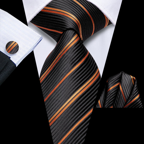 Black Orange Striped Tie Pocket Square Cufflinks Set