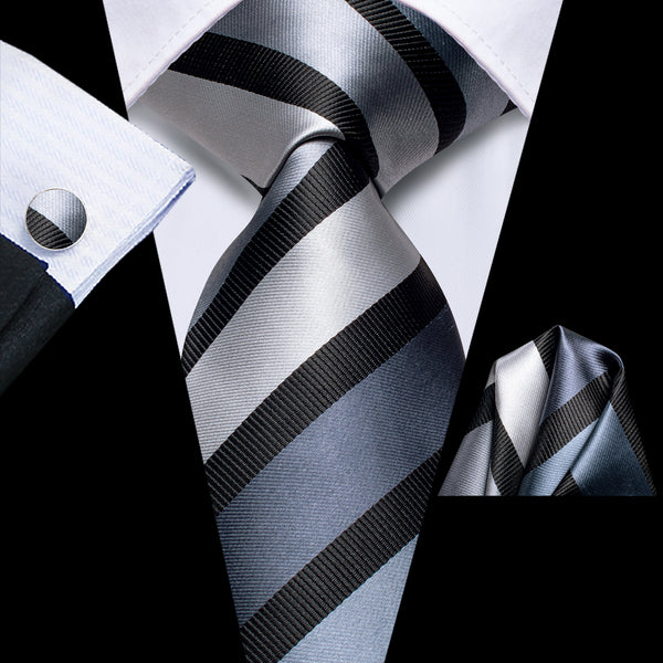 Silver Grey White Striped Tie Pocket Square Cufflinks Set
