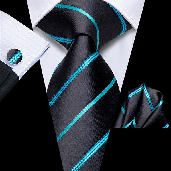 Black Sky Blue Striped Tie Pocket Square Cufflinks Set