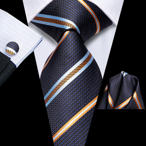 Ties2you Royal Blue Tie Golden Striped Tie Pocket Square Cufflinks Set for Mens