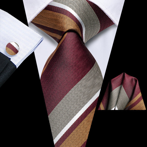 Classic Burgundy Striped Tie Pocket Square Cufflinks Set