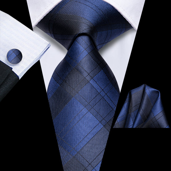 Blue Grey Plaid Tie Pocket Square Cufflinks Set