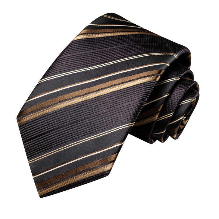 Black Brown Striped Tie Pocket Square Cufflinks Set